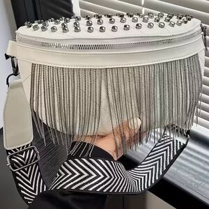 White Studded & Fringe Crossbody Bag Striped Strap NWT